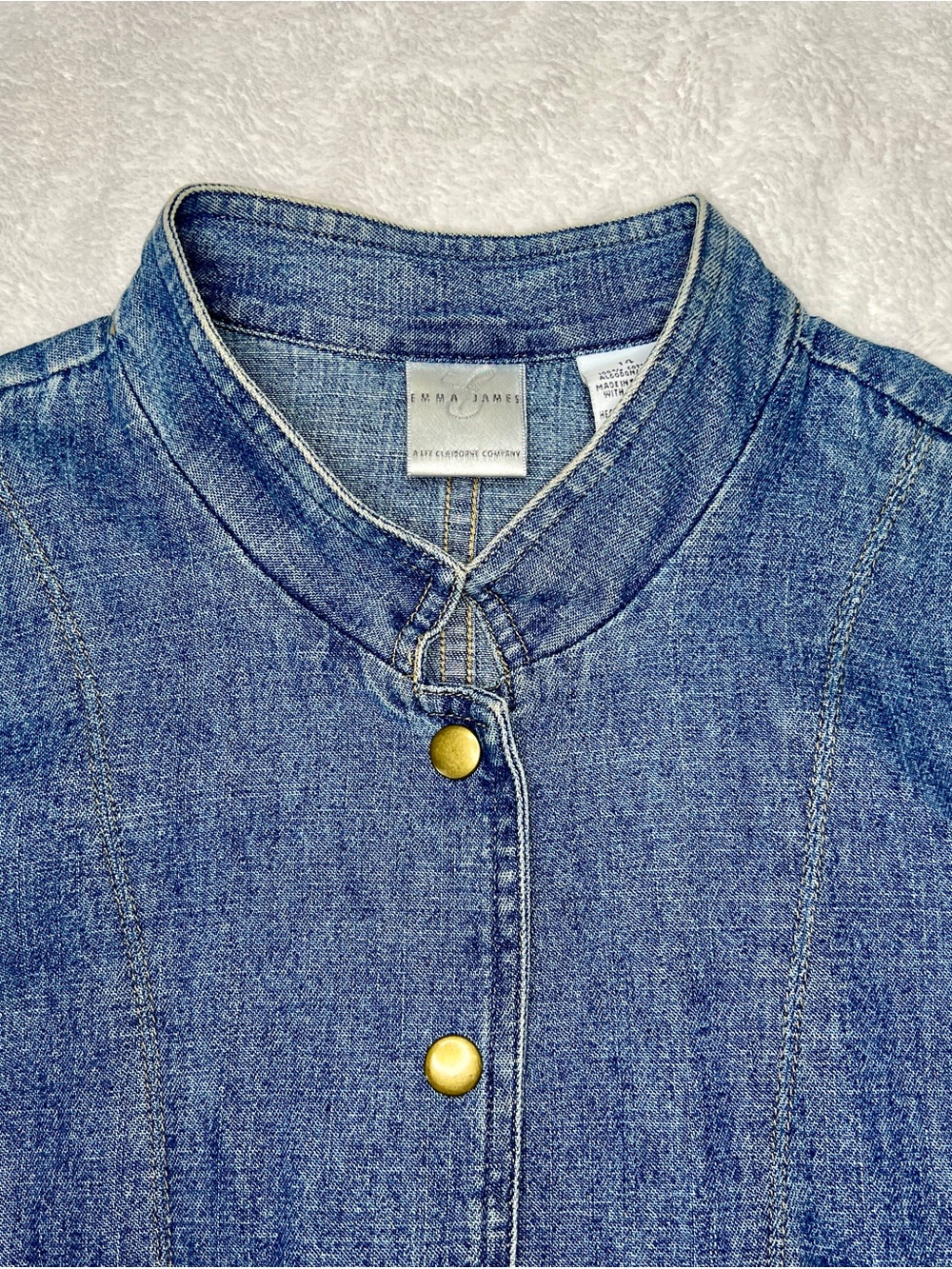 Vintage Military-Style Denim Blue Jean w/Gold Button Detail Snap-Front Jacket - Picture 6 of 9